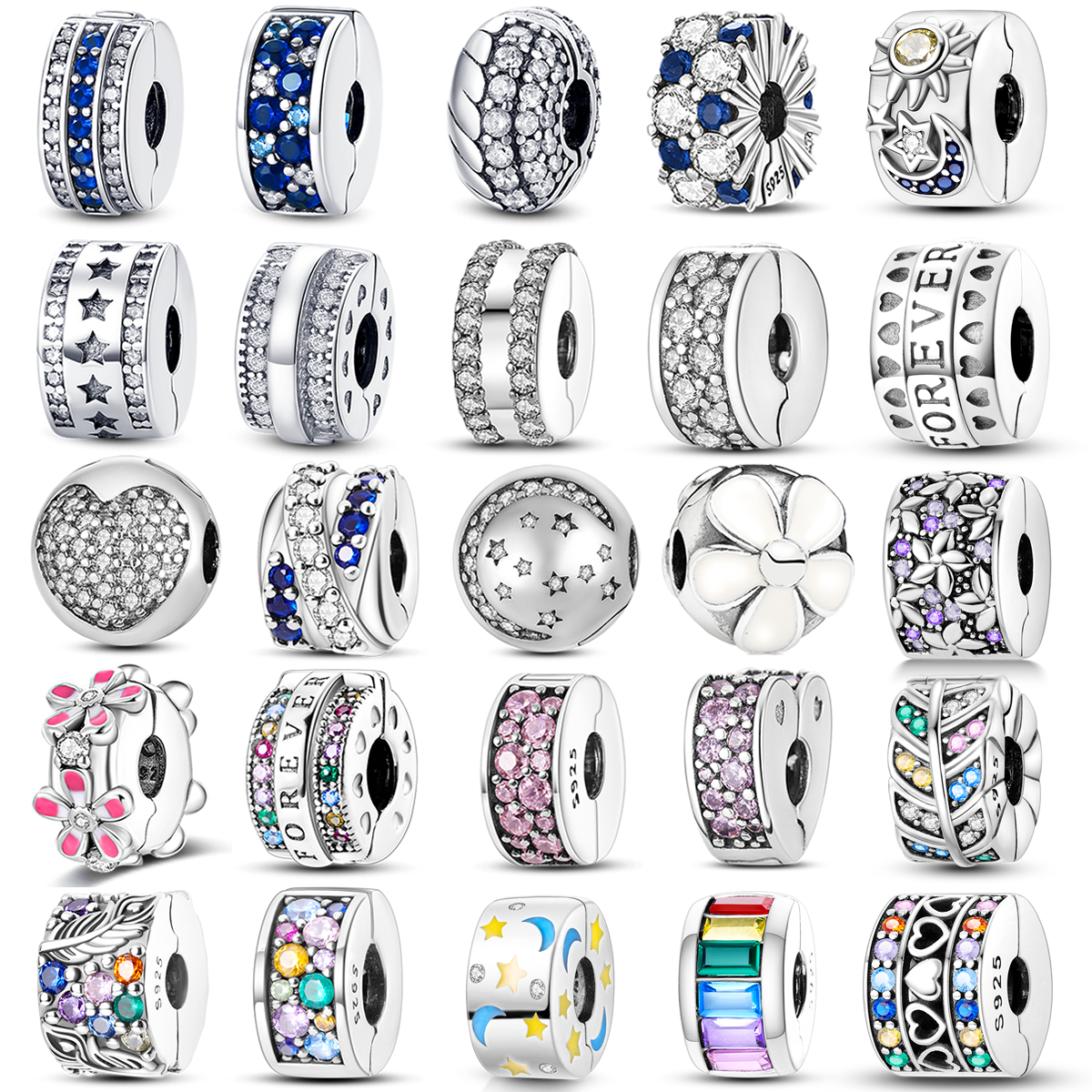 Silver Clasp 925 Sterling Silver CZ pave Clip Charms Daisy Beads Stopper Safety Chain fit Original Bangle Bracelet DIY Jewelry Clip
