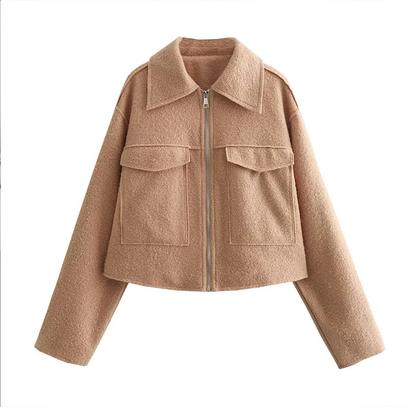 Spring Autumn European American Women Clothing Collar Large Pocket Zipper Short Long Sleeve Woolen Coat 240905