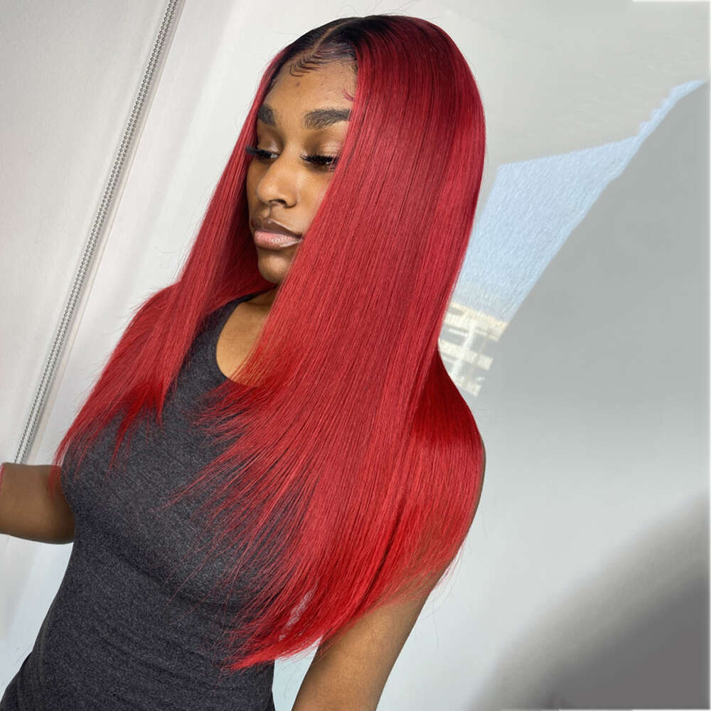 Custom Colored Red With Dark Roots Synthetic Human Hair Blend Straight Wig Transparent Lace 150% Daily/Party Use Heat Resistant