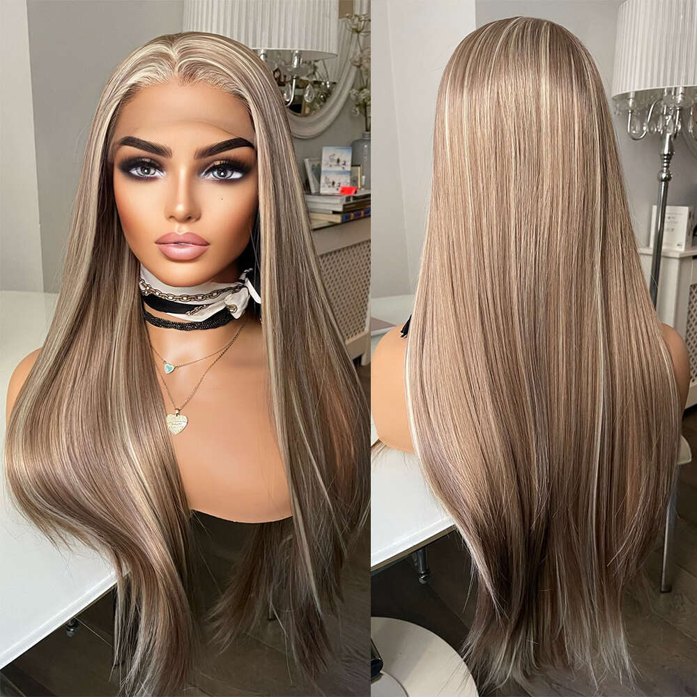 Bronze Brown Wig With Blonde Highlights Heat Resistant Synthetic Long Silky Straight Lace Front Beginner Friendly Wigs