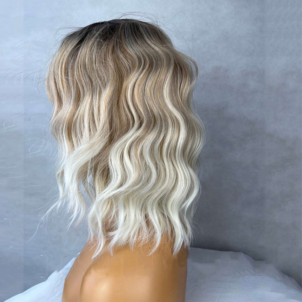 Ash Blonde Brown Balayage Highlights Strea 14 Inch Bob Wavy Lace Front Fringe Bangs Womens Wig Eye Catching Short