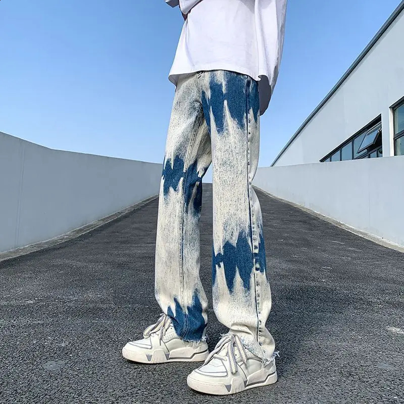 Black Trousers Straight Hip Hop Rock Jeans For Men Punk Youthful Emo Tie Dye Aesthetic Man Cowboy Pants Fashion Korean 240912