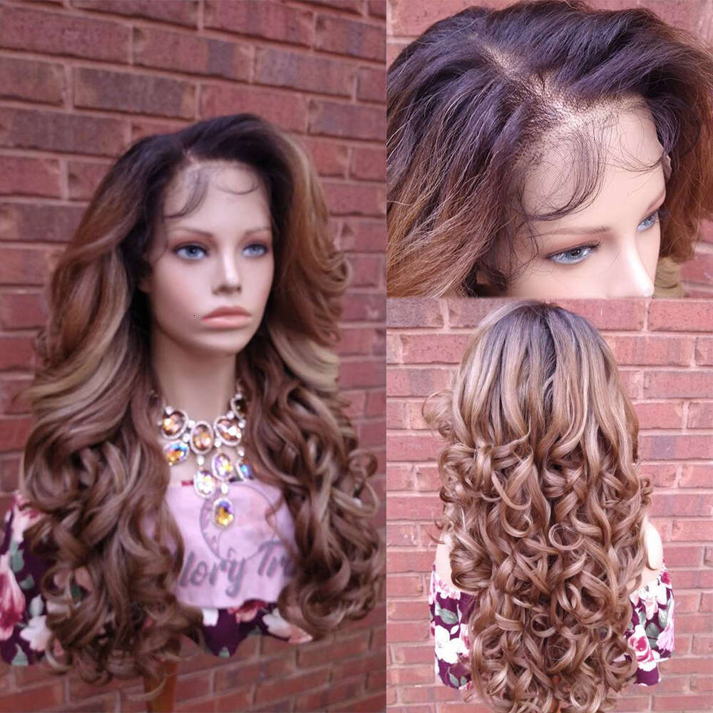 Human Hair Blend Curly Frontal Pre-Plucked HD Lace Auburn Blonde Wig Dark Roots For Women Free Parting Daily/Party