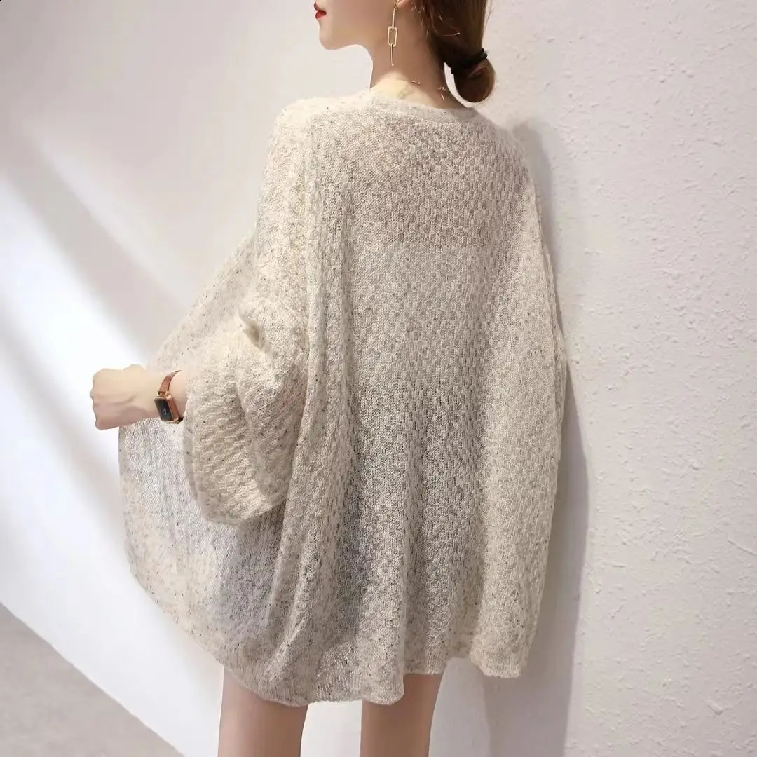 Sunscreen Thin Knitted Cardigan Summer Womens Fashion Loose Korean Version Lazy Lantern Sleeve Outer Outfit 240904