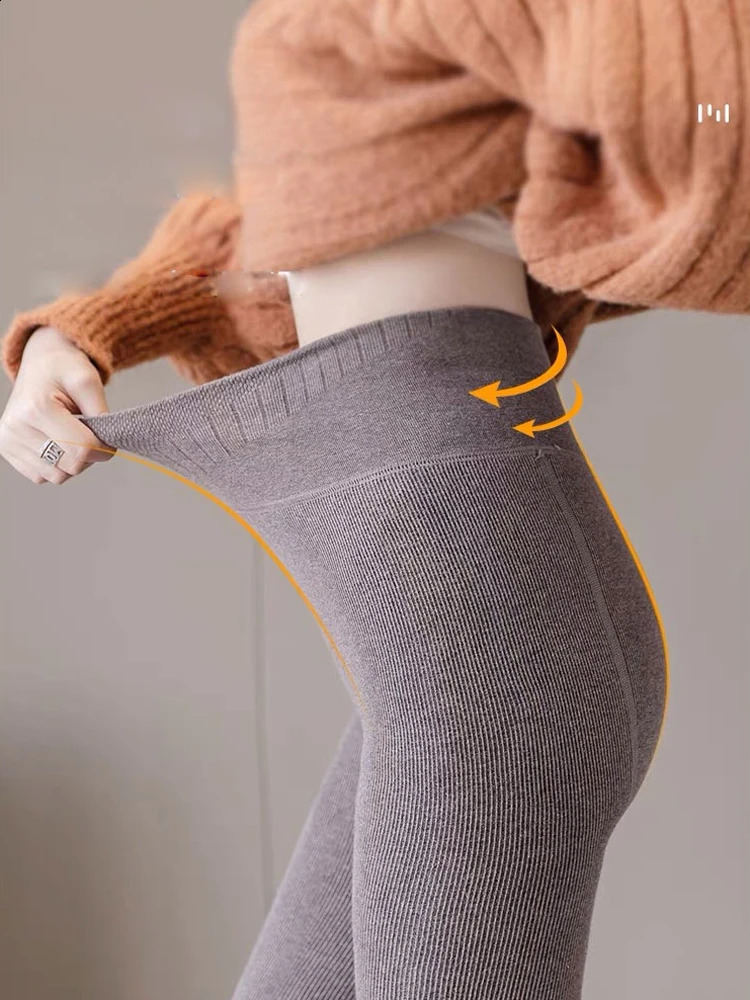 Warm wool lining ultra thick warm leg womens winter spandex ribbon ultrathin pattern high waisted basic pants 240913