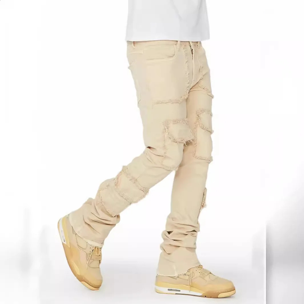 Mens Denim Workwear Straight-leg Pants European and American Fashion Elastic Patched Denim Stacked Flared Mens Pants S-XL 240906