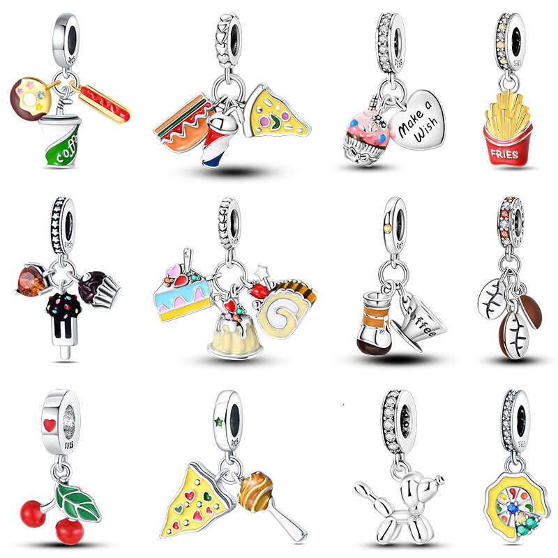 925 Sterling Silver Chocolate Pizza Cake Fries Food Charms Beads Fit Original Bracelets DIY Cute Jewelry Gifts