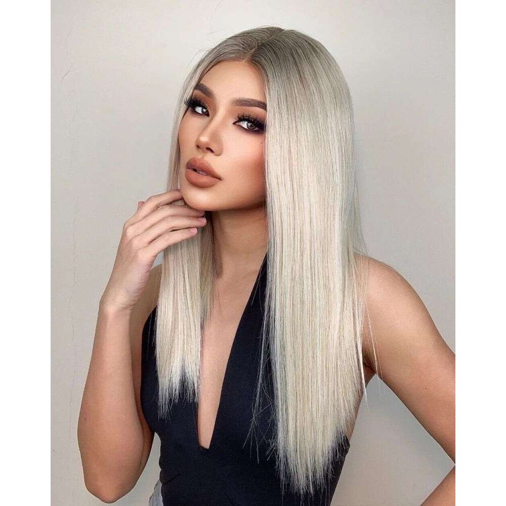Platinum Synthetic Ash Blonde Roots Ombre Human Hair Wigs 10% Mixed Straight Lace Front Wig Daily/Cosplay