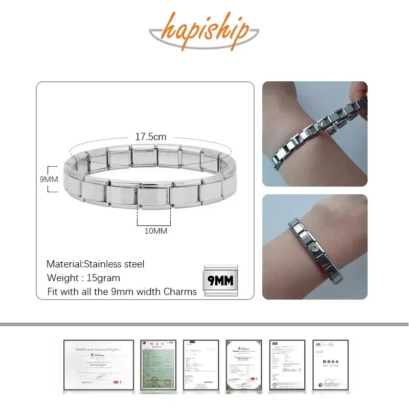 New Women's Jewelry 9mm Width Itanlian Elastic Charm links Bracelet Fashion Stainless Steel Bangle DIY for women gifts
