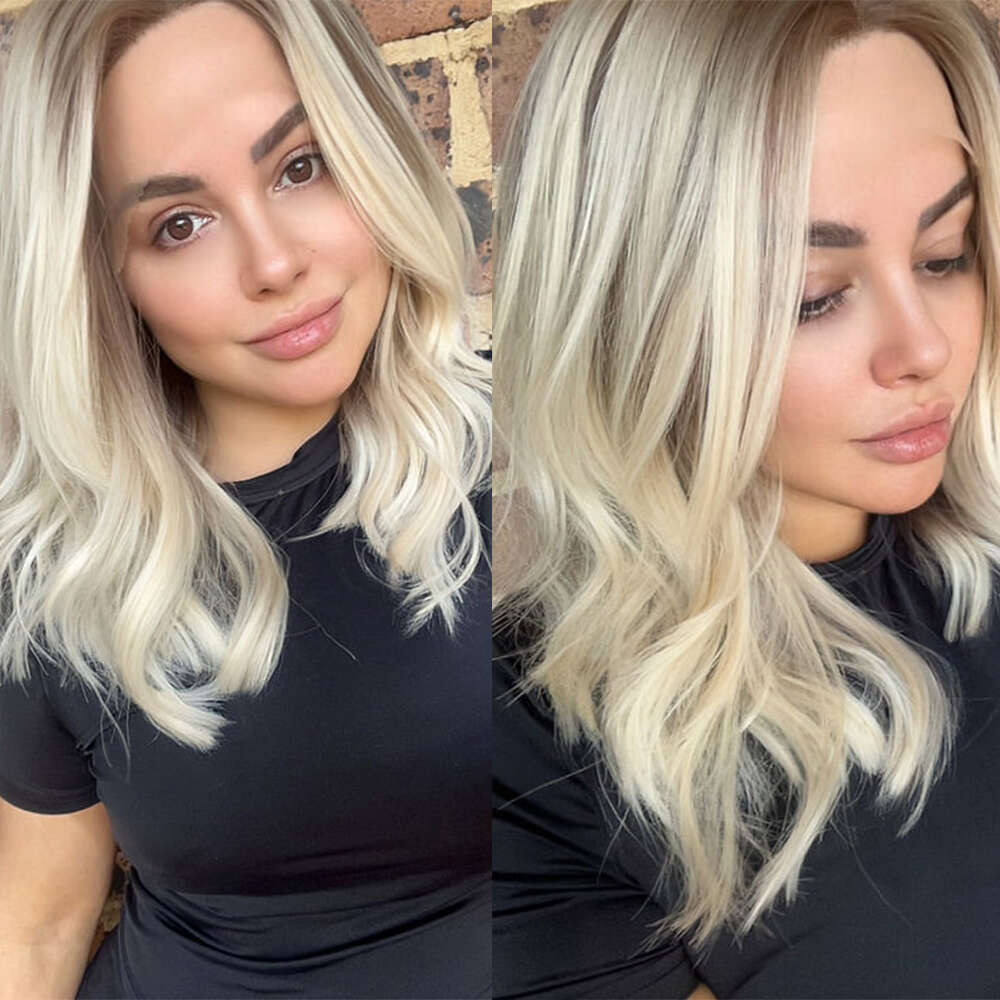 Blonde Balayage Synthetic Wigs 14" Wavy Humam Hair Blend Light Brown Root Beautiful Heat Friendly Fibres Lace Front Wigs