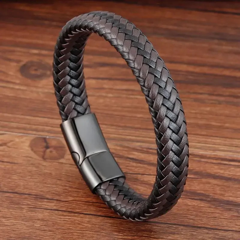 Fashionable punk mens bracelet black brown woven leather bracelet stainless steel magnetic buckle bracelet mens jewelry gift 240914