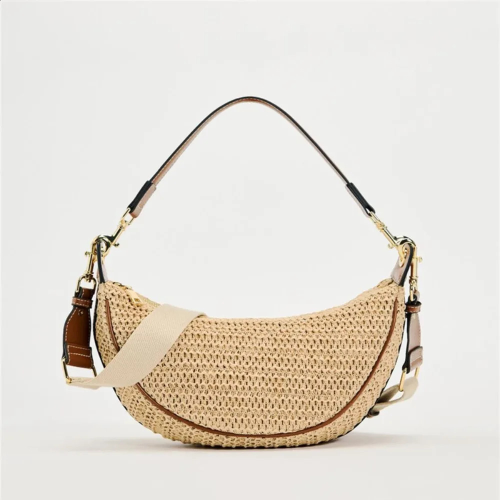 Fashionable woven handbag half moon grass armpit bag travel beach wallet bohemian style shoulder 240913