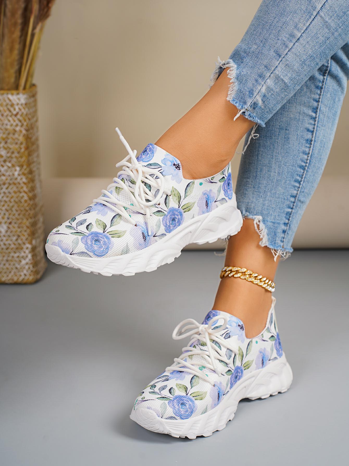 New Women's Vulcanize Round Toe Flat for Lace Up Platform Shoes Outdoor Light Causal Print Low Top Women Flats