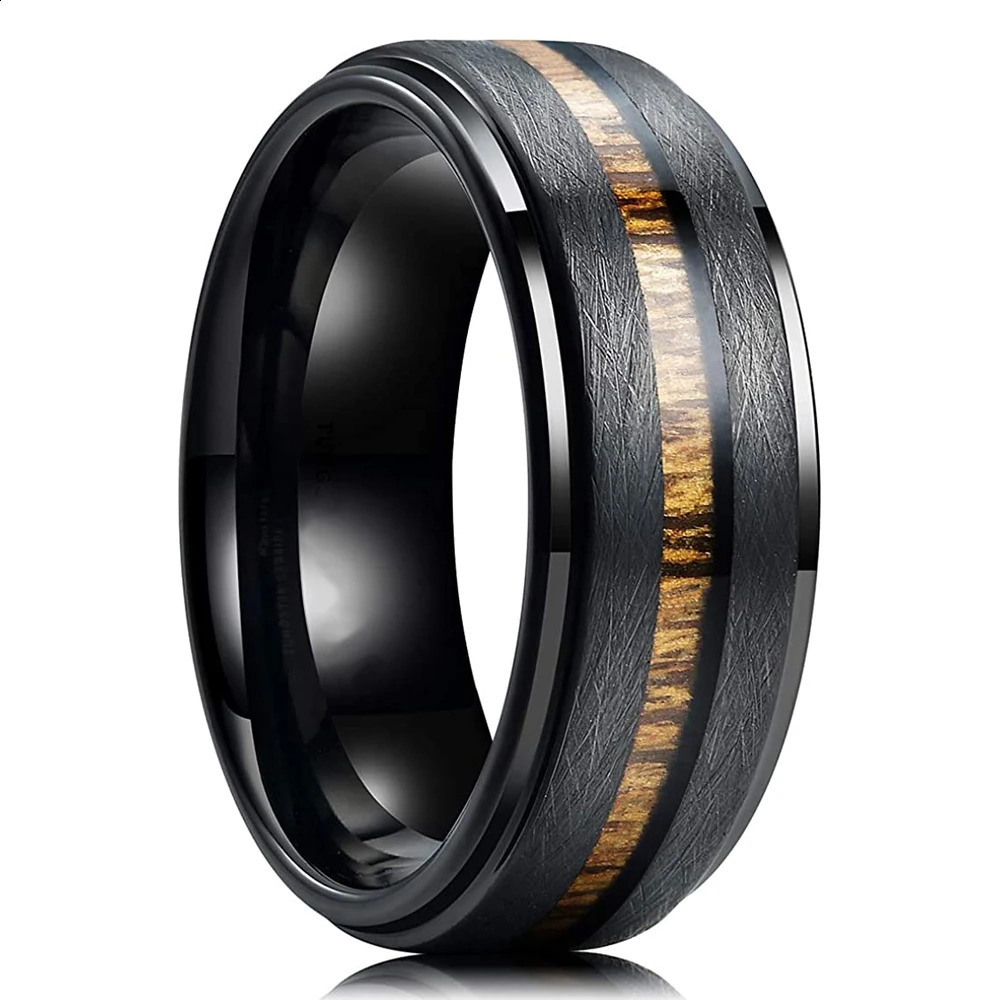 Fashion 8mm Black Tungsten Wedding Ring For Men Women Koa Wood Inlay Steel Engagement Rings Punk Mens Anniversary Jewelry Gifts 240906