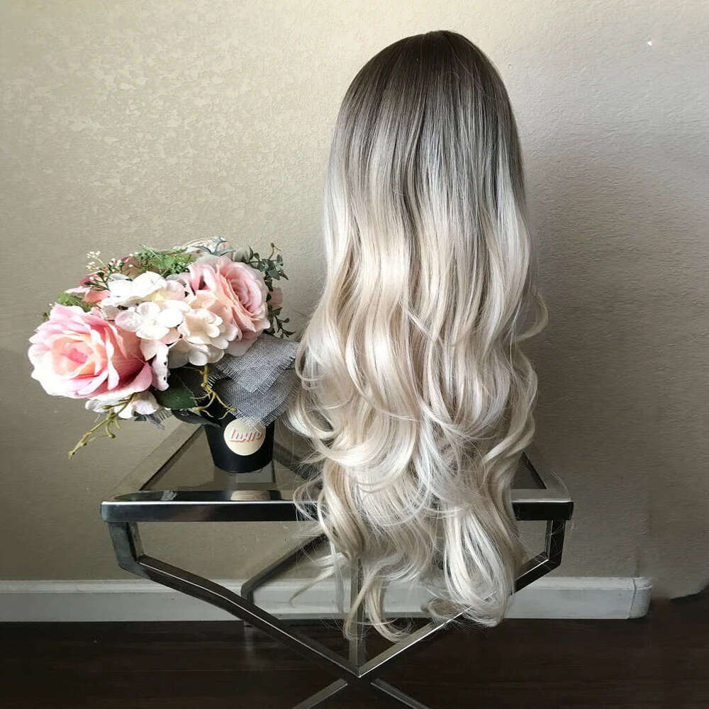 Black Roots Ombre Blonde Long Wave Synthetic Lace Front Wig For Women 10% Human Hair Wigs Heat Resistant Dailly Use 26" 150%