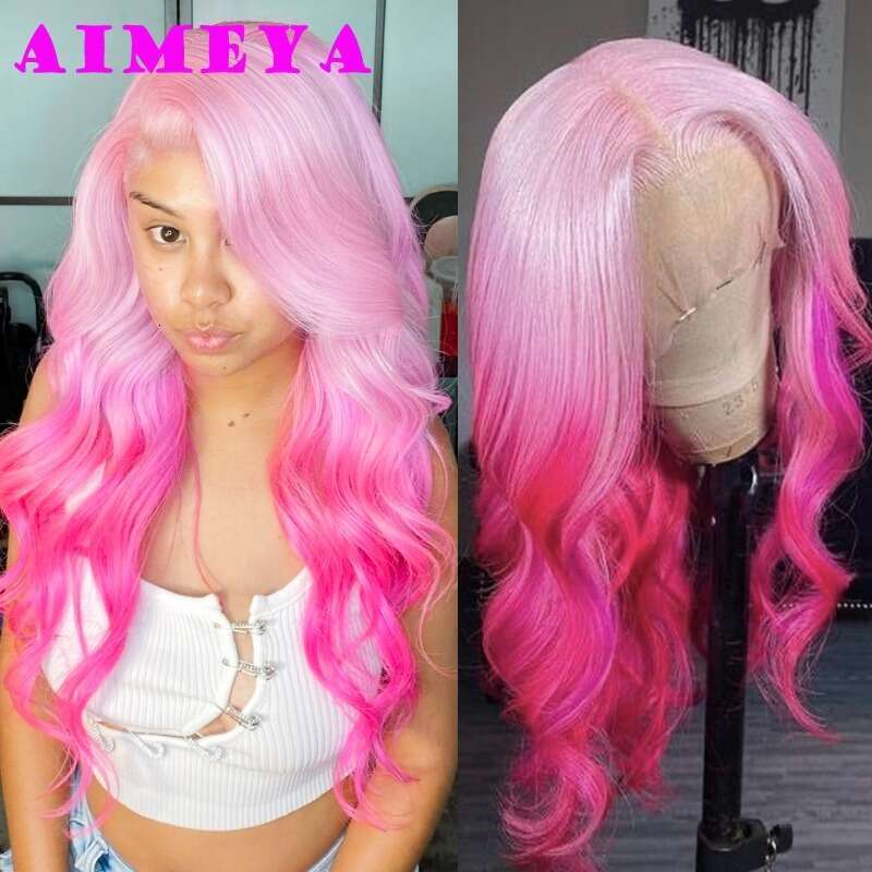 Ombre Pink Lace Front Fashion Synthetic Long Silky Straight Body Wave Rose Red Wig Halloween Cosplay Makeup