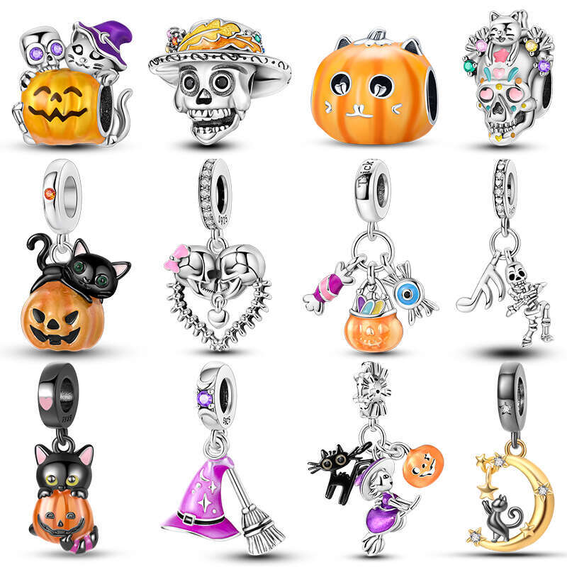2024 New Halloween 925 Sterling Silver Luminous Pumpkin Skull Ghost Charms Fit Original Bracelet DIY Party Jewelry