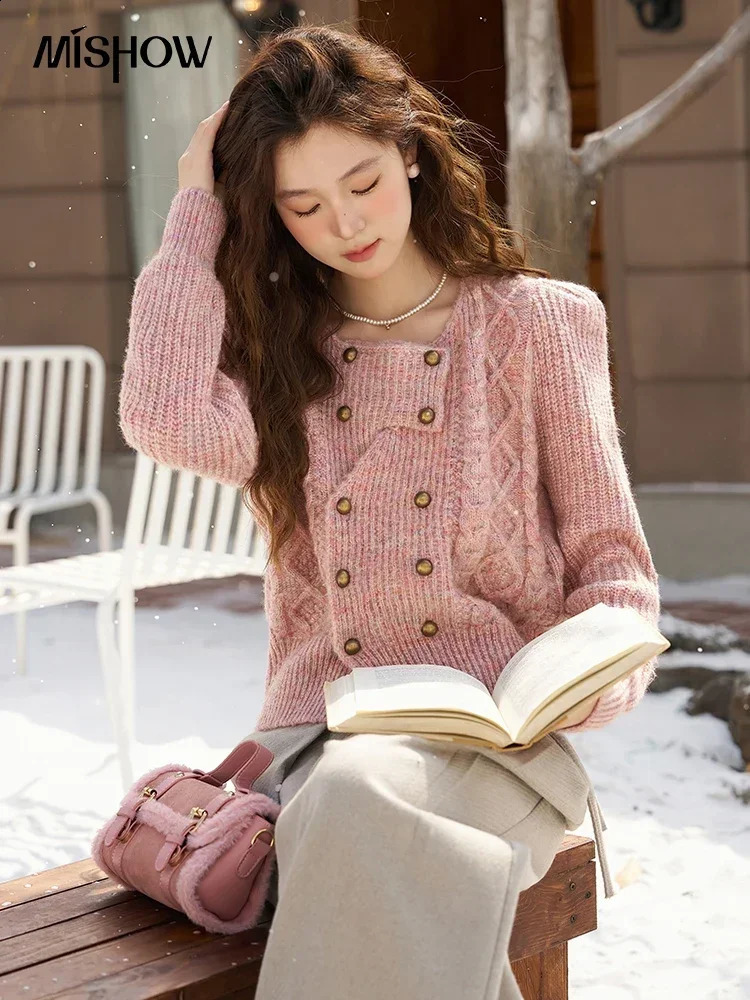 Mishhow wool blend cardigan womens autumn and winter loose round neck sweater double chest jumper MXC55Z0397 240906