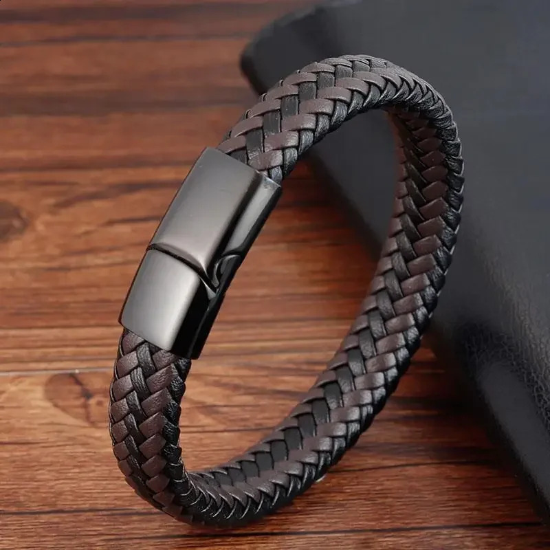 Fashionable punk mens bracelet black brown woven leather bracelet stainless steel magnetic buckle bracelet mens jewelry gift 240914