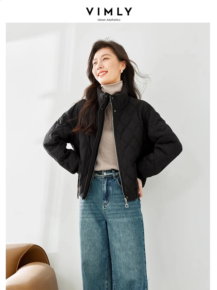 Vimly Cropped Argyle Quilted Jacket for Women Casual Straight Wide Loose Collar Zipper Thick Warm Winter Coat for Women M3613 240913