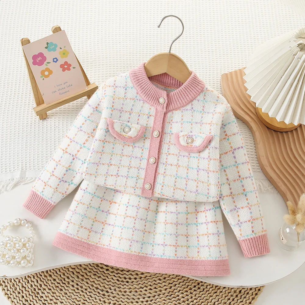Girls ed Knitting Clothes Sets Girl Fall Winter Children Suits for 1-8Ys Kids 2Pcs Outfits Birthday Fashion Tweed Sets 240913
