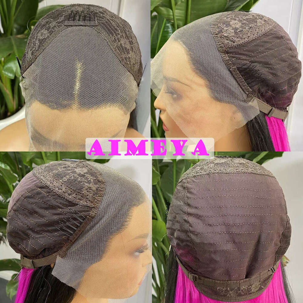 AIMEYA Black And Lace Front Wigs Highlighted Hot Pink Wig Long Silky Straight Synthetic Hair Body Wave