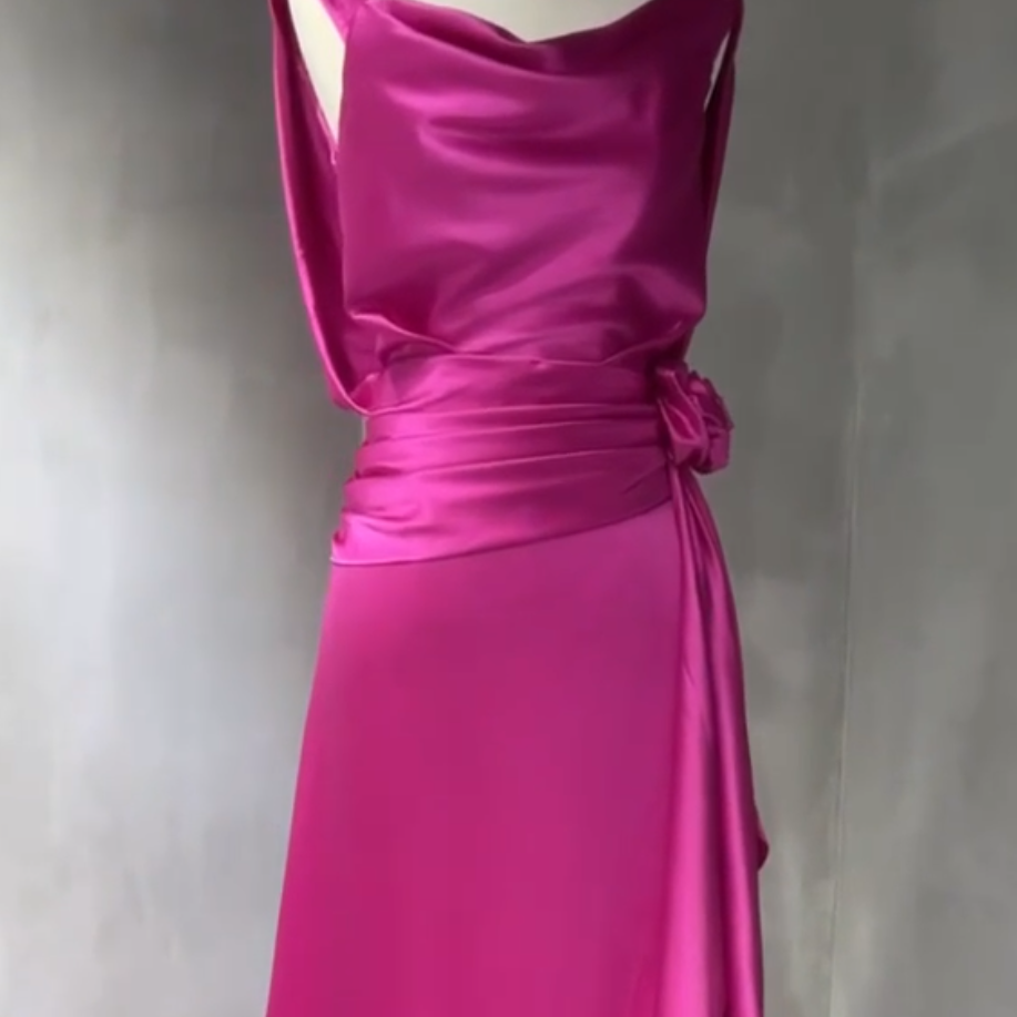 Hot Pink Elegant Satin A-Lein Gown Evening dress with Boat Neckline for Special Occasions