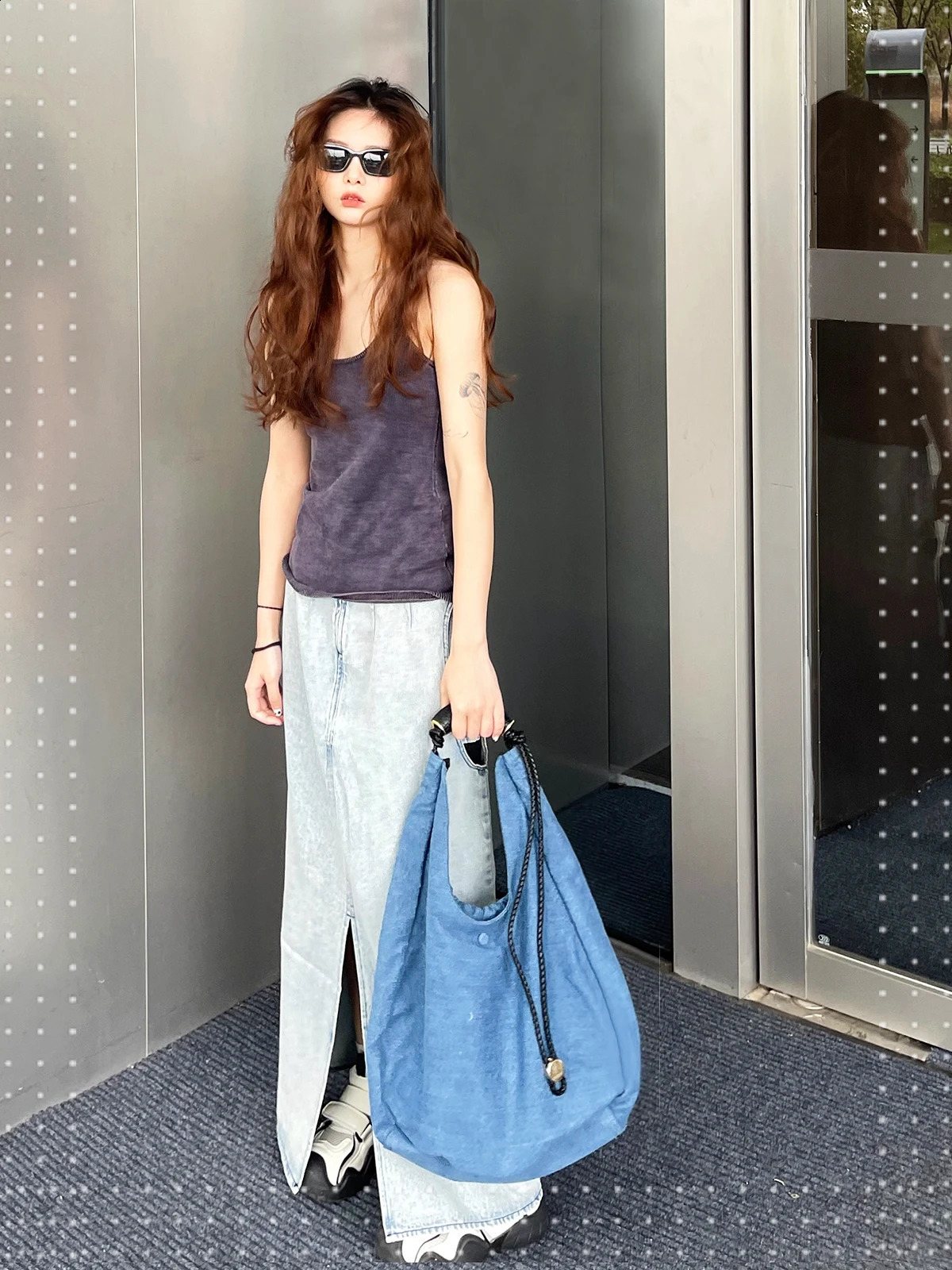 24fw cat step style large capacity garbage bag woven backpack denim pleated shoulder shopping 240913