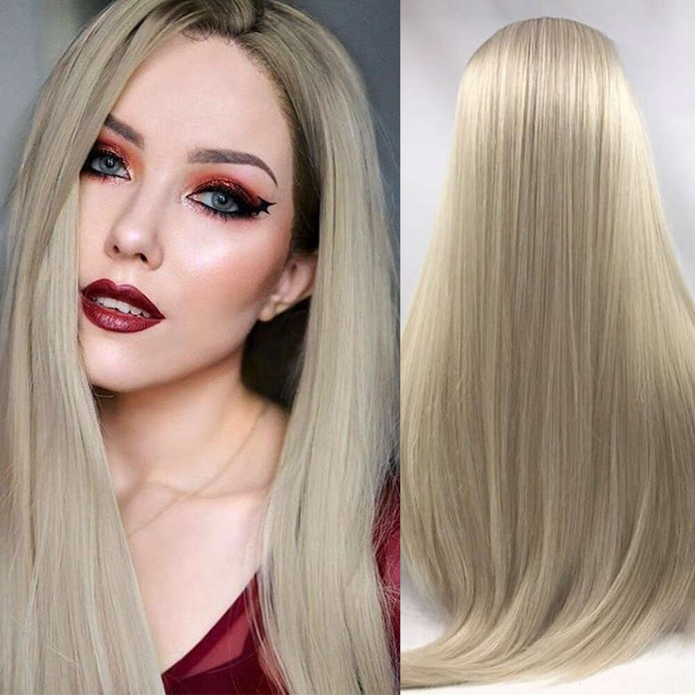 Long Straight Ash Blonde Synthetic Heat Resistant Hair Natural Loo Wig Middle Part For Women Girl Cosplay Daily Party Use