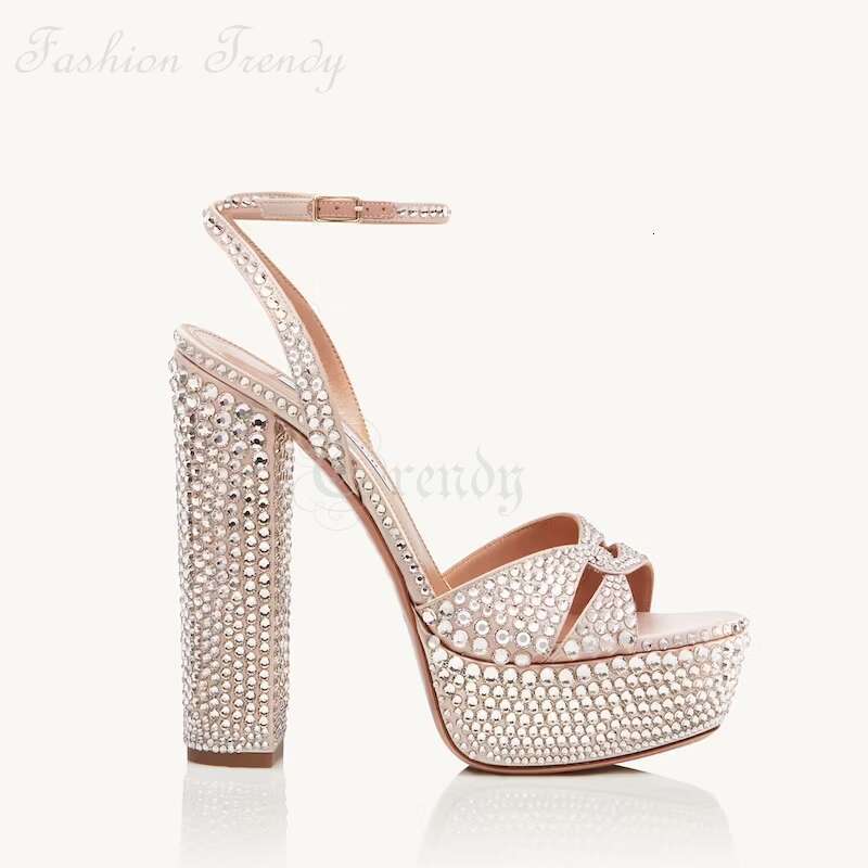 Skin Tone Crystal Chunky Heels Women Open Sandal Green Suede Sier Sequined Pump Square Light Buckle Elegant Wedding Shoe