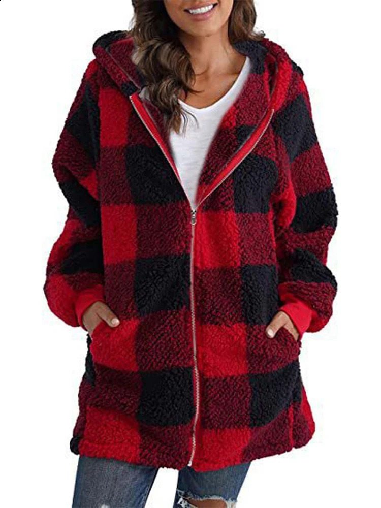Autumn Winter Plaid Faux Fur Coat Women Teddy Coat Hooded Jackets Female Furry Teddy Bear Plush Jacket Women 240911