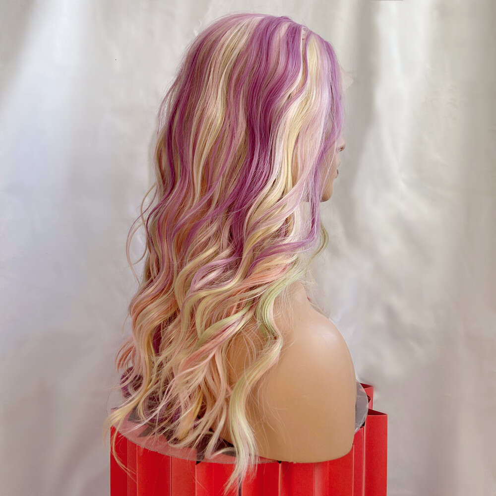 26" Rainbow Synthetic Purple Pink Blue Loose Wave 10% Human Hair 13X4 Lace Front Wig Heat Resistant Cosplay