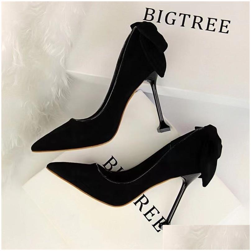 Dress French Single Female 7Cm Small Heel Temperament Bridesmaid 9Cm New Fine Bow Suede Medium Pointed Black High Drop Delivery Accessori Dh6