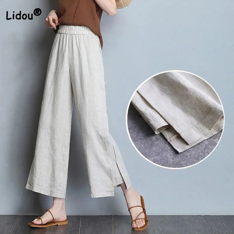 Spring and Summer Office Womens Elastic High Waist Nine Point Pants Cotton Hemp Rope Casual Thin Solid Folded Loose Leg 240913