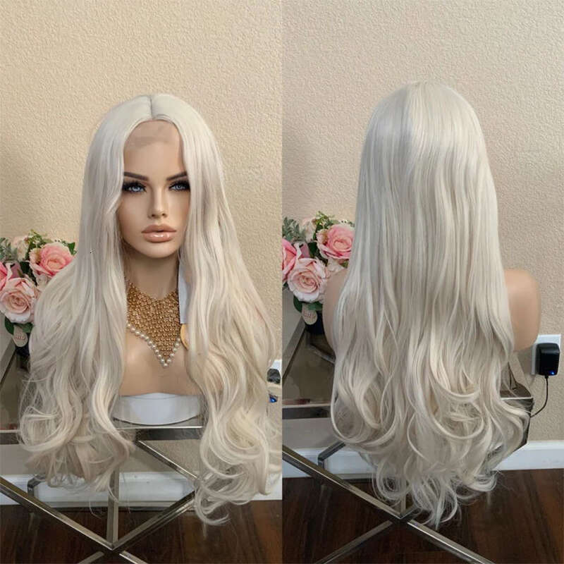 26'' White Platinum Blonde Lace Front Loose Wave Synthetic Heat Resistant Fiber Cosplay Wig Human Hair Mixed