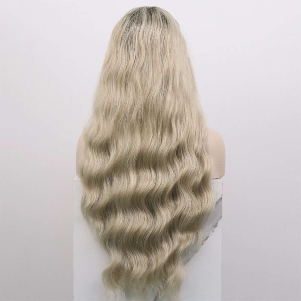 High-Quality Heat-Friendly Fiber Ombre Blonde Long Wavy Synthetic Lace Front Wig Dark Roots Human Hair Wigs Girl Lady Party Use
