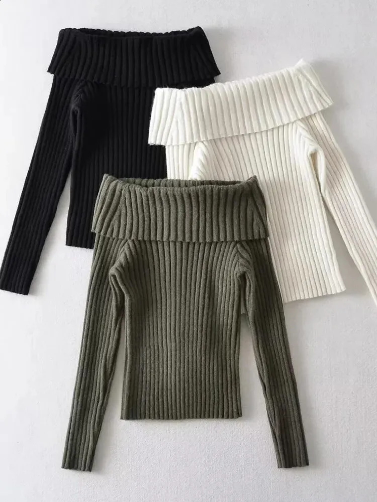 Autumn Winter Solid Color Rib Knitted Off the Shoulder Pullover Sweater Sexy Women Full Sleeve Slim Stretch Knitwear Jumper 240911