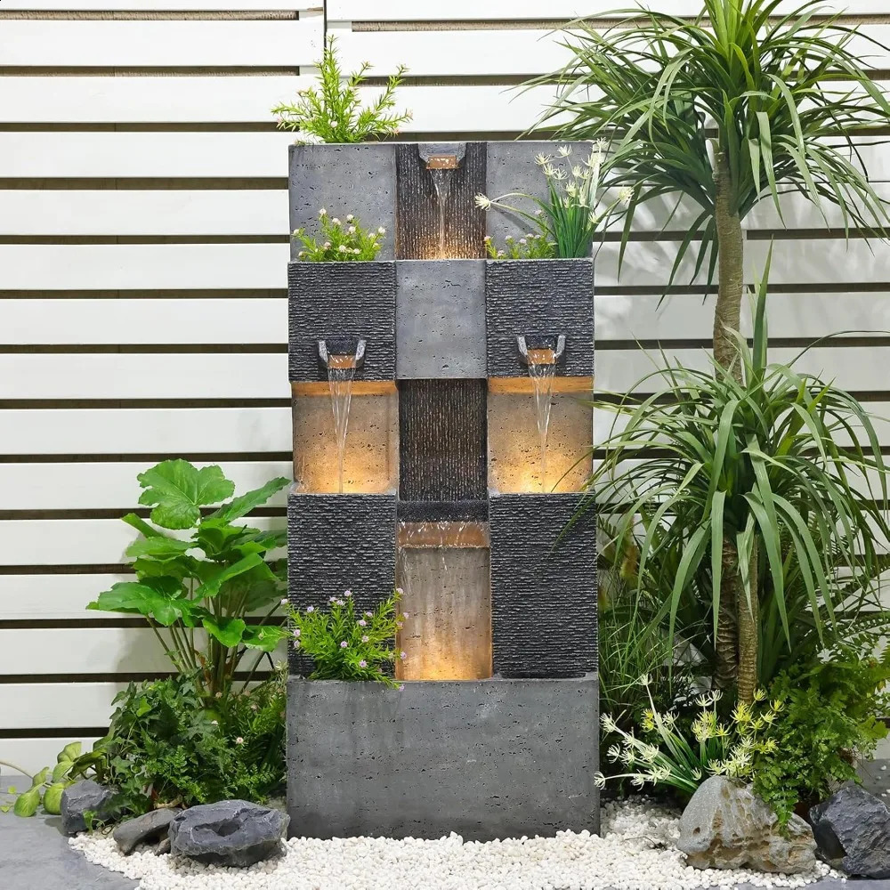 45.3-inch Garden Fountain Outdoor Home Art Decoration 3-story Modern Stacked Outdoor Waterfall Fountain with Lights 240910