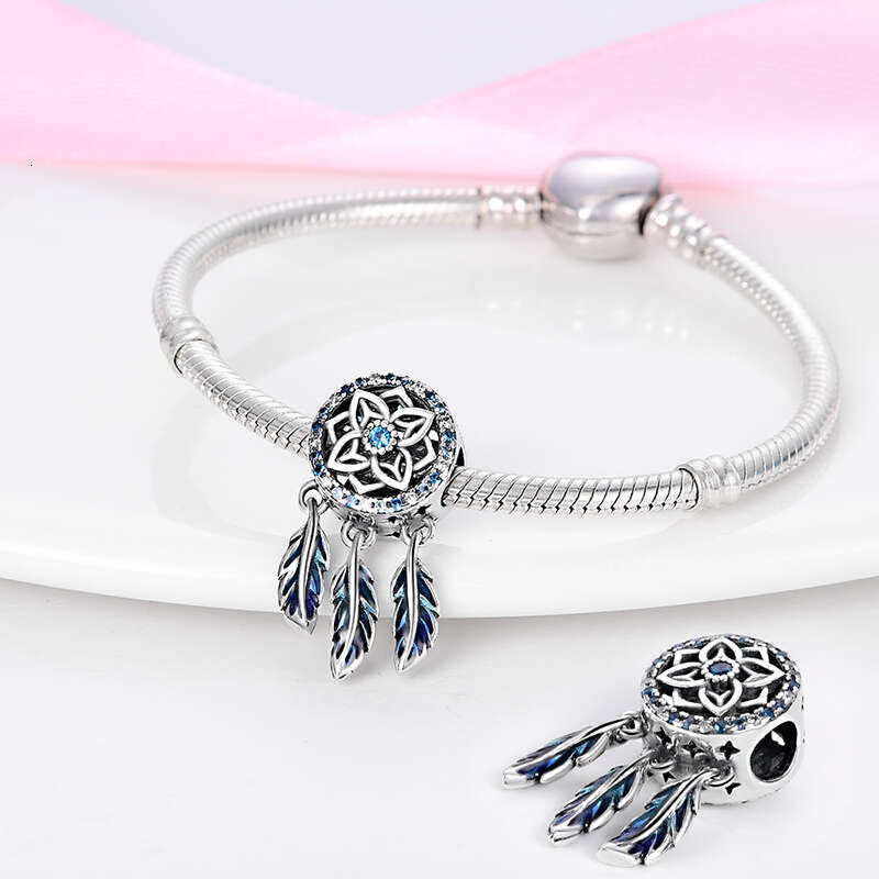925 Sterling Silver Feather Colorful Dreamcatcher Charms Pendants Fit Original Bracelets DIY Jewelry