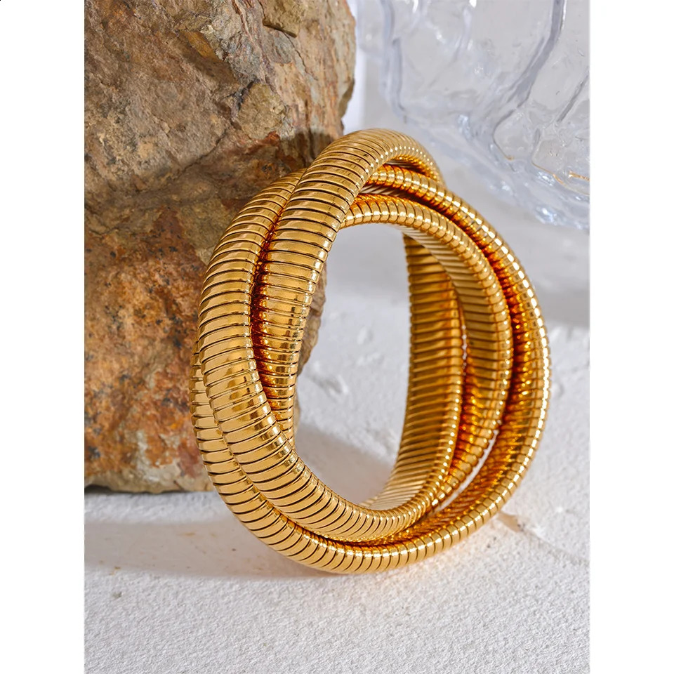 Yhpup Trendy Stainless Steel Elastic Cuban Chain Metal Punk Bracelet Bangle Gold Color Stylish Waterproof Statement Jewelry 240910
