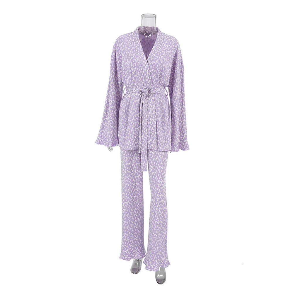 Marthaqiqi Printing Women Sleepwear 2 Piece Suit Sexy V-Neck Pama Long Sleeve Nightie Lace Up Pyjama Pants Femme Nightwear Set