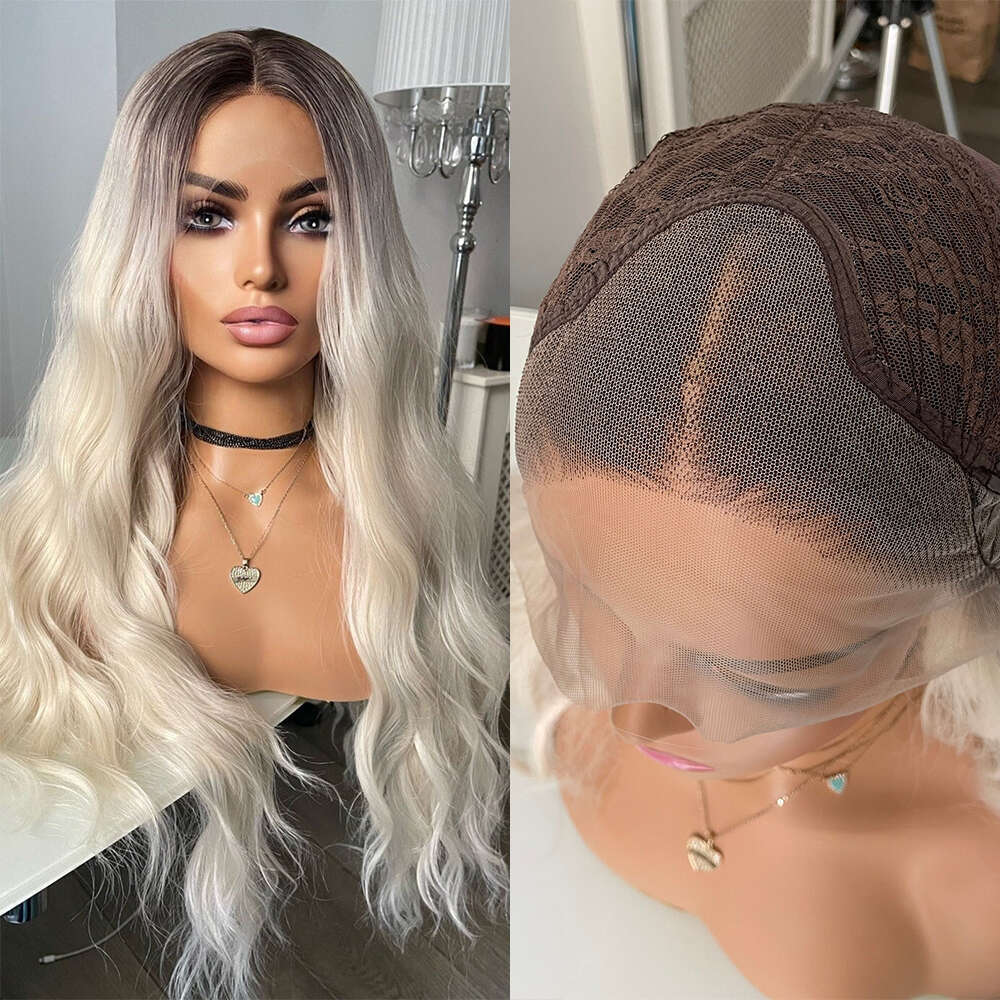 Ice 13X3 Front Heat Friendly Synthetic White Lace Wig With Dark Roots Free Style Rooted Blonde Wavy Wigs 150%