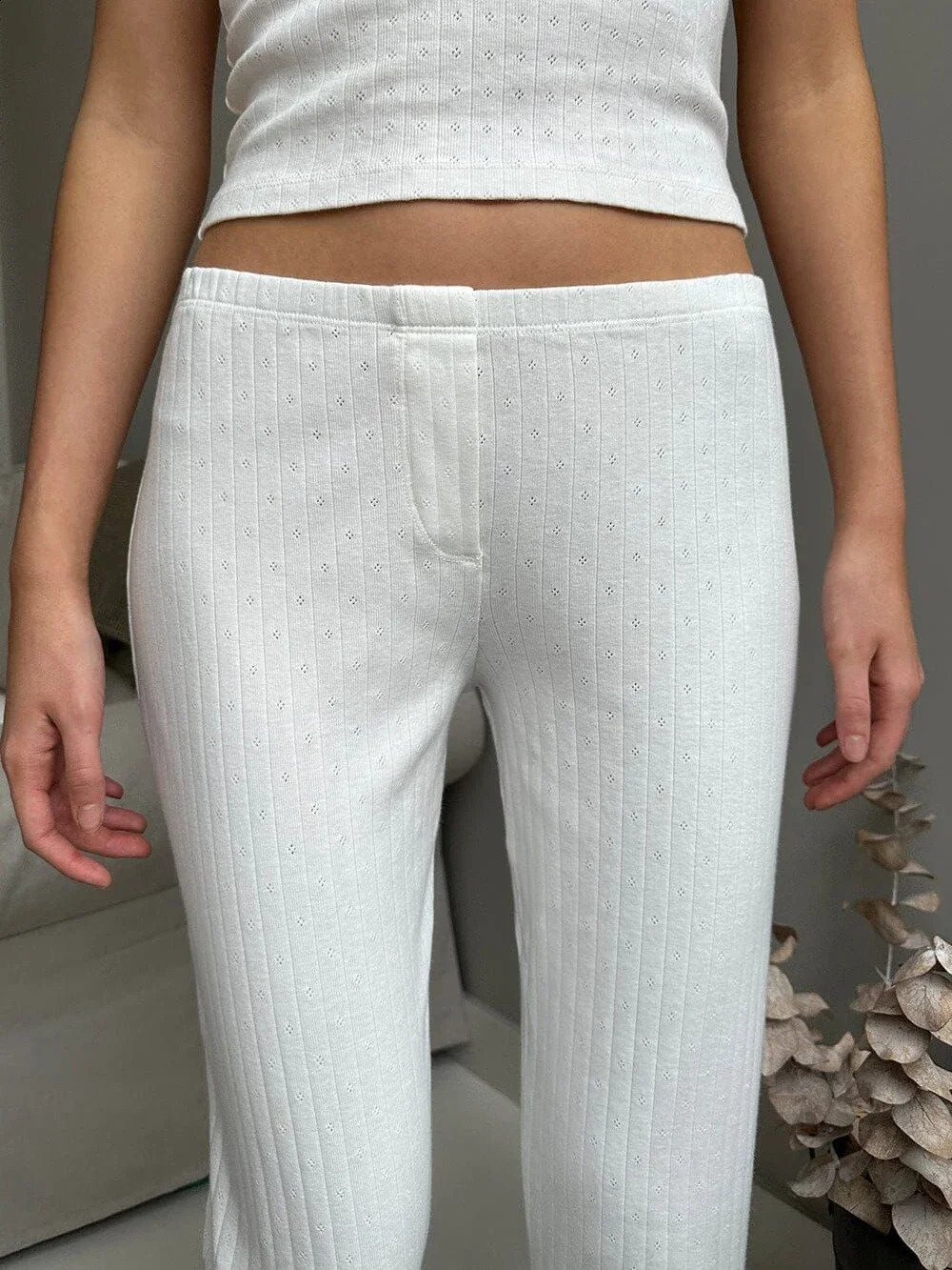 Womens eyelid white casual straight pants summer three button cotton high waisted pajamas Trouser solid simple home sports 240913