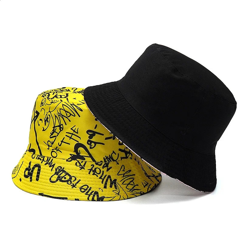2024 SpringSummer Number Graffiti Sunproof Hat Reversible letter Print Bucket Big Brim Unisex Outdoor Fisherman Cap 240906