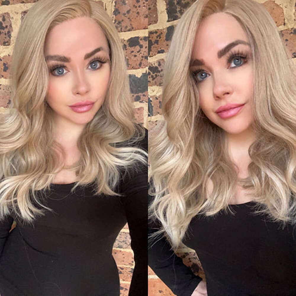 Bombshell Hoess Synthetic Wigs Pale Beige Blonde Highlight Lace Front Wig Beautiful Japanese Heat Friendly Fibres 18" Wavy
