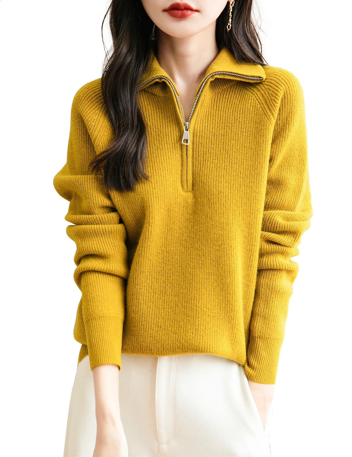 Turtleneck Womens Sweater 100% Merino Wool AutumnWinter Zipper Floral Casual Long Sleeve Knitted Top Clothing 240906