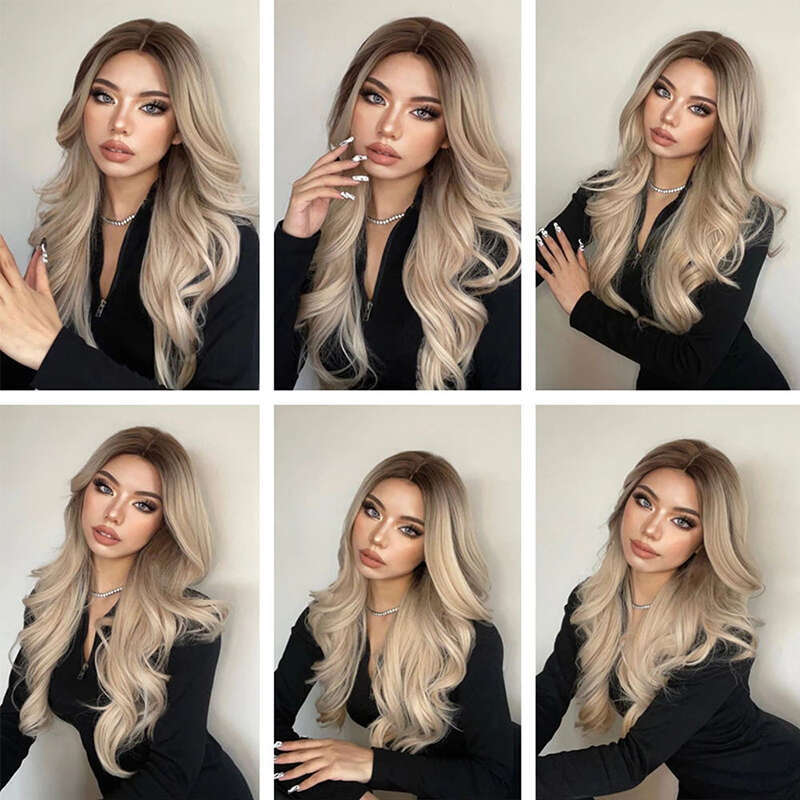 Synthetic Long Wavy Lace Front Wig Ombre Brown Light Blonde Human Hair Wigs 10% Mixed Cosplay Daily Heat Resistant For Women