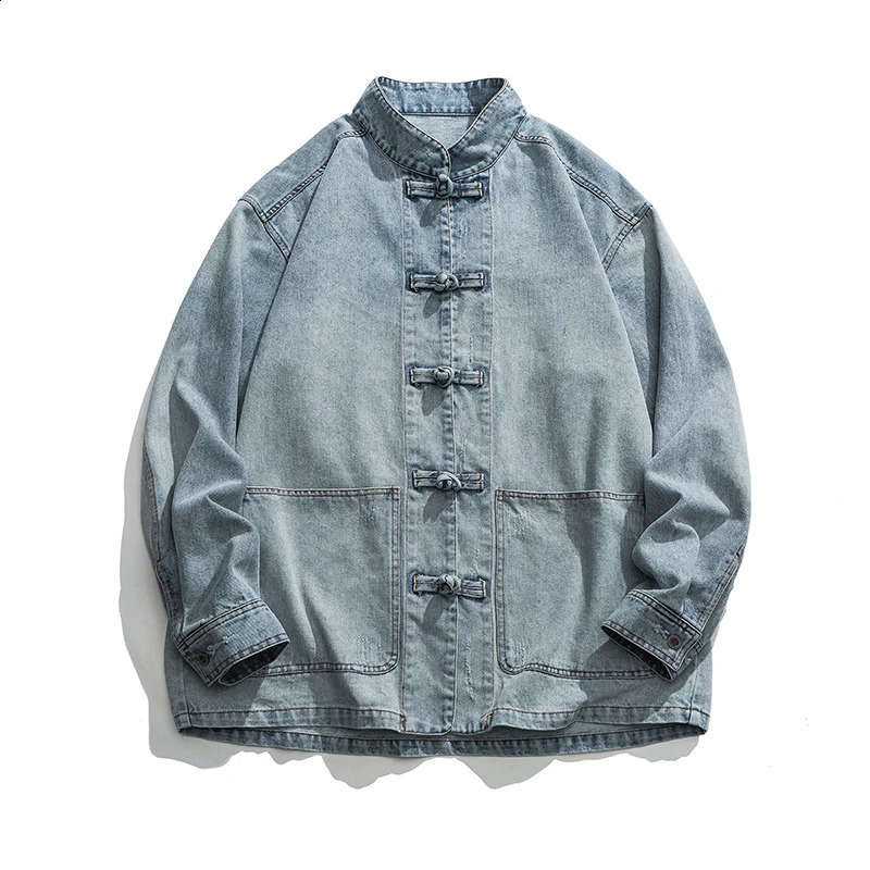 autumn mens Tang style clothing washed denim tops collar jackets casual cotton 240913