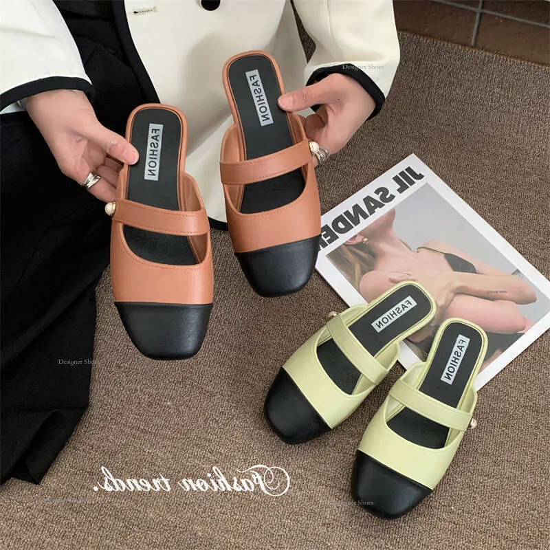 Half Slippers 2024S For Women To Wear In Summer Color Blocking Commuting Sandals Low Thick Heels Flat Bottoms And Lazy Shoes