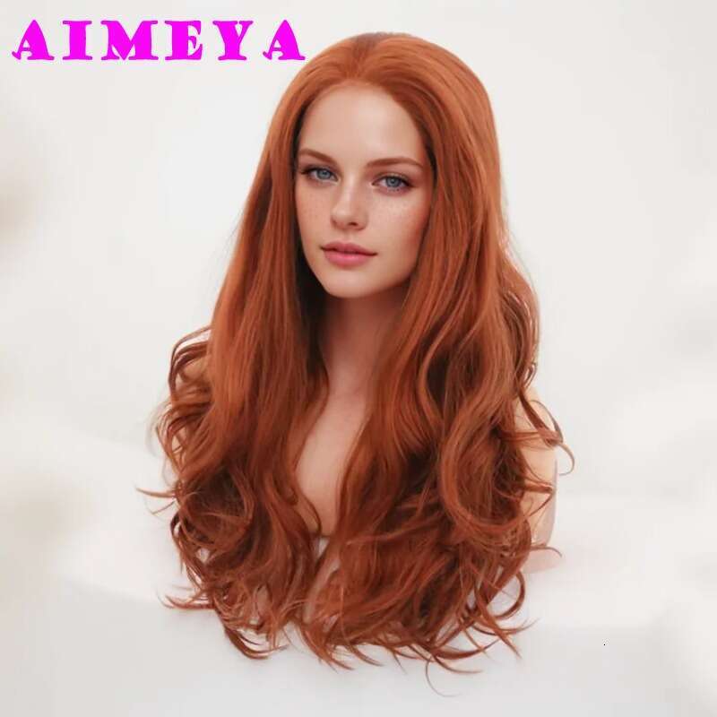 AIMEYA Synthetic Long Body Wave Wigs For Women Copper Red Lace Front Wig Daily Use Cosplay Party Heat Resistant Hair